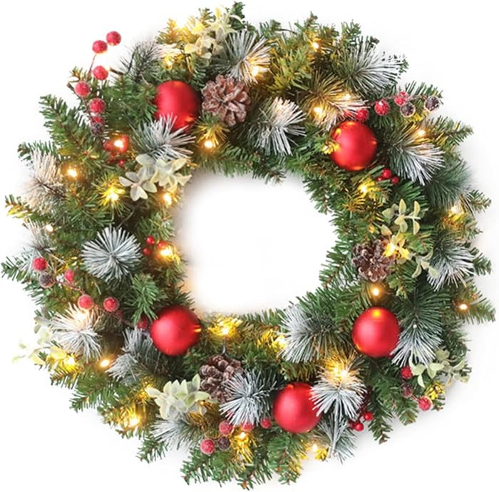 Ochine 16 Inch Pre-Lit Artificial Christmas Wreath, Lighted Christmas Wreaths for Front Door, Ind... | Amazon (US)