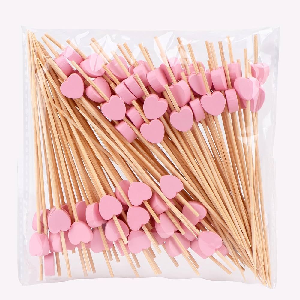 100 Pack Fruit Toothpicks, Heart-Shaped Bamboo Cocktail Picks, Natural Bamboo Toothpicks for Appe... | Amazon (US)