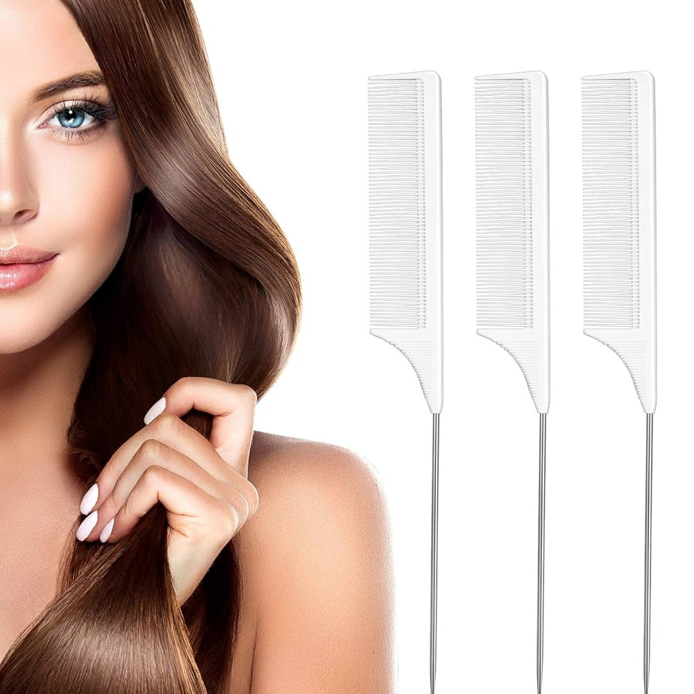 Leinuosen 3 Packs Rat Tail Comb Steel Pin Rat Tail Carbon Fiber Heat Resistant Teasing Combs with... | Amazon (US)