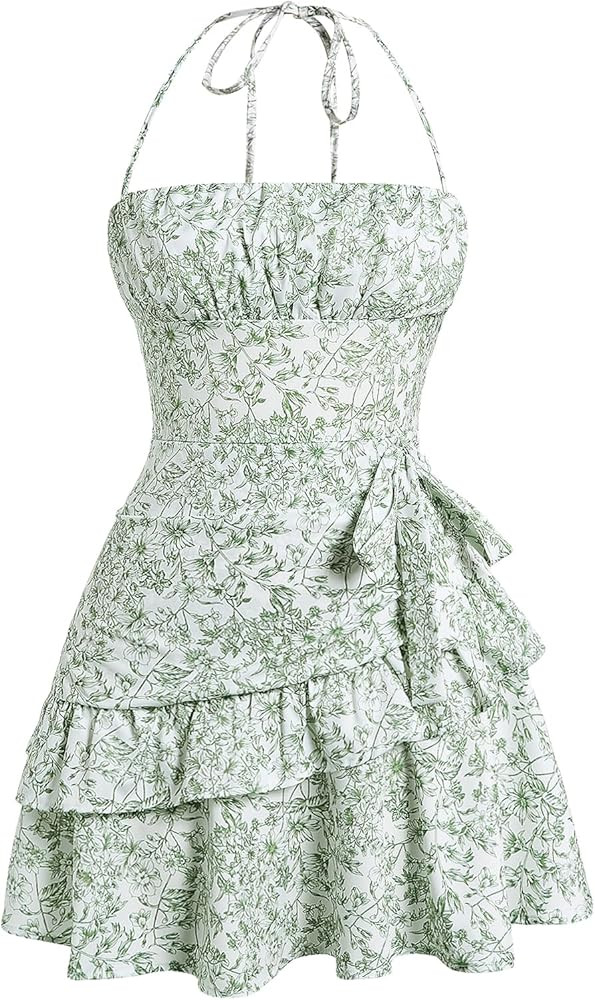 Floerns Women's Floral Halter Ruffle Tiered Cute Summer Mini Dress Milkmaid Vacation Sundress | Amazon (US)