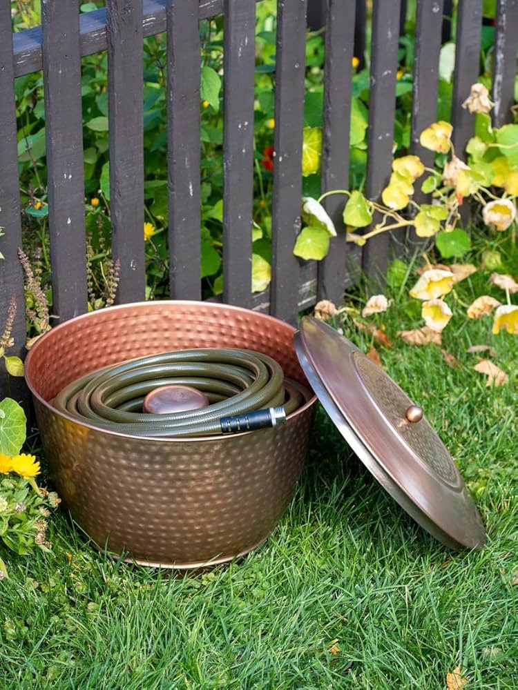 Gardener's Supply Company Hammered Copper Hose Pot with Lid | Elegant Watering Hose Storage with ... | Amazon (US)