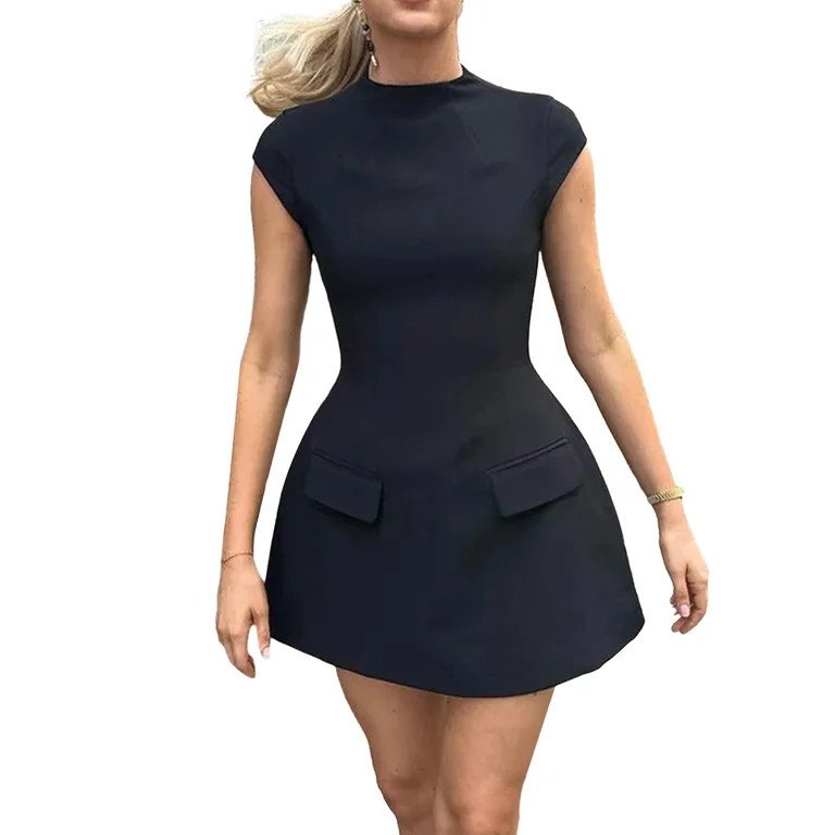 Suity Women Summer Mini Dress Solid Color Cap Sleeve A-line Dress Fashion Zipper Fake Pockets Sli... | Walmart (US)