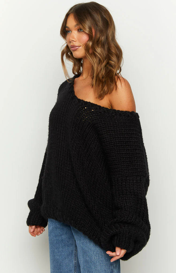 Delvey Black Chunky Knit Sweater | Beginning Boutique (US)
