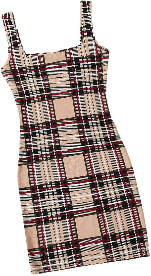 Romwe Women's Square Neck Sleeveless Print Plaid Pencil Bodycon Mini Cami Dress | Amazon (US)