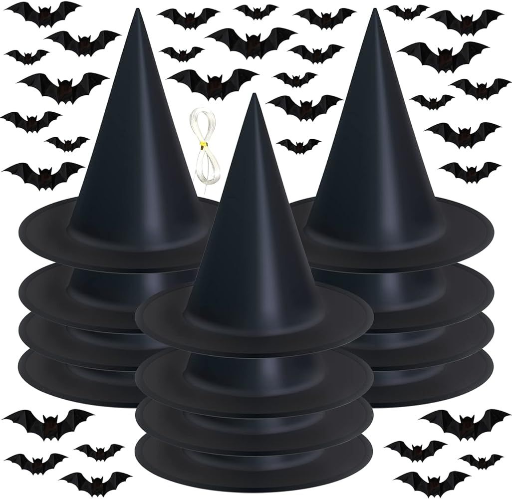 Dokeawo Witch hat 12 Pack Halloween Witches Hat with 108 Feet Hanging Rope 32Pcs 3D Bats, Hallowe... | Amazon (US)