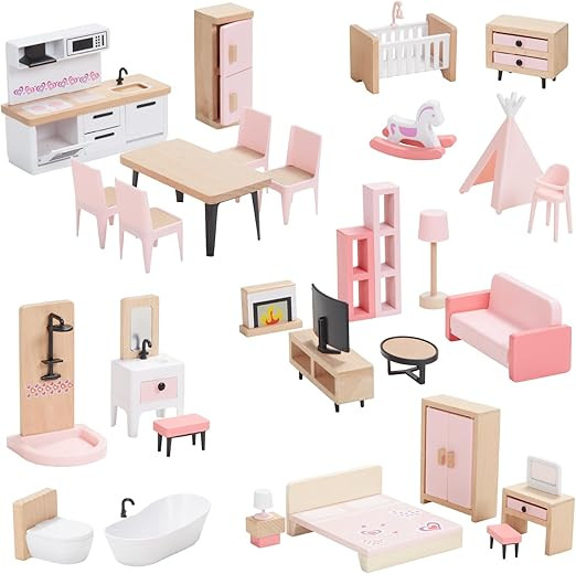 Giant bean 36pcs Wooden Dollhouse Furniture Set 5 Rooms, Wood & Plastic Pink Dollhouse Accessorie... | Amazon (US)