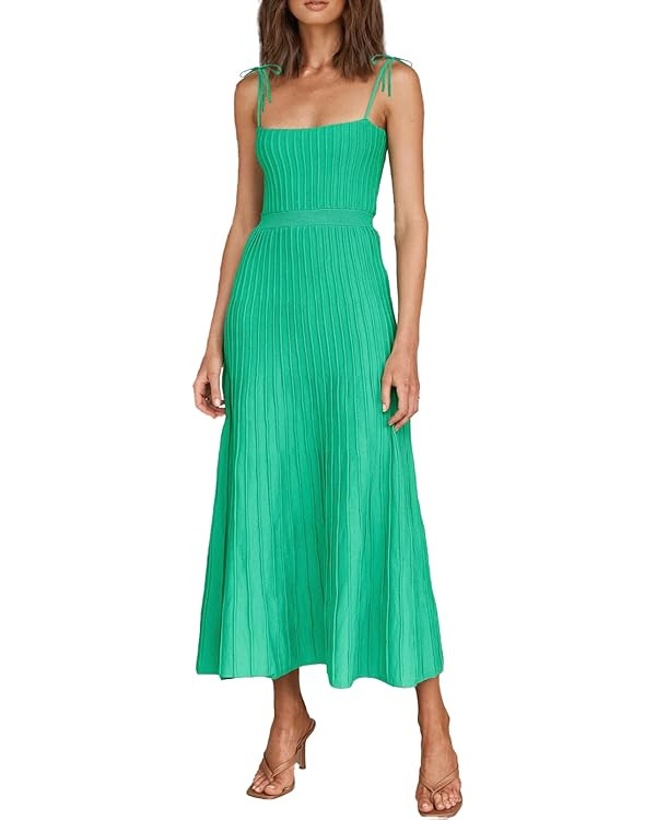 ARTFREE Womens Ribbed Knit Summer Maxi Dresses Tie Straps Square Neck Party Long Dress | Amazon (US)