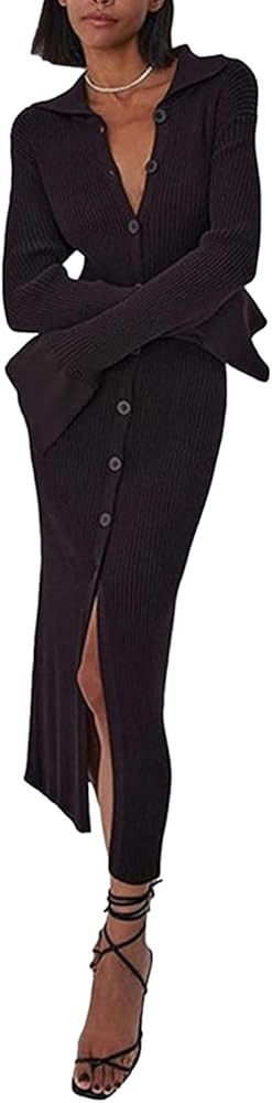 Women's Bodycon Sweater Dress Polo Neck Button Down Sweater Cardigan Knit Midi Dress | Amazon (US)