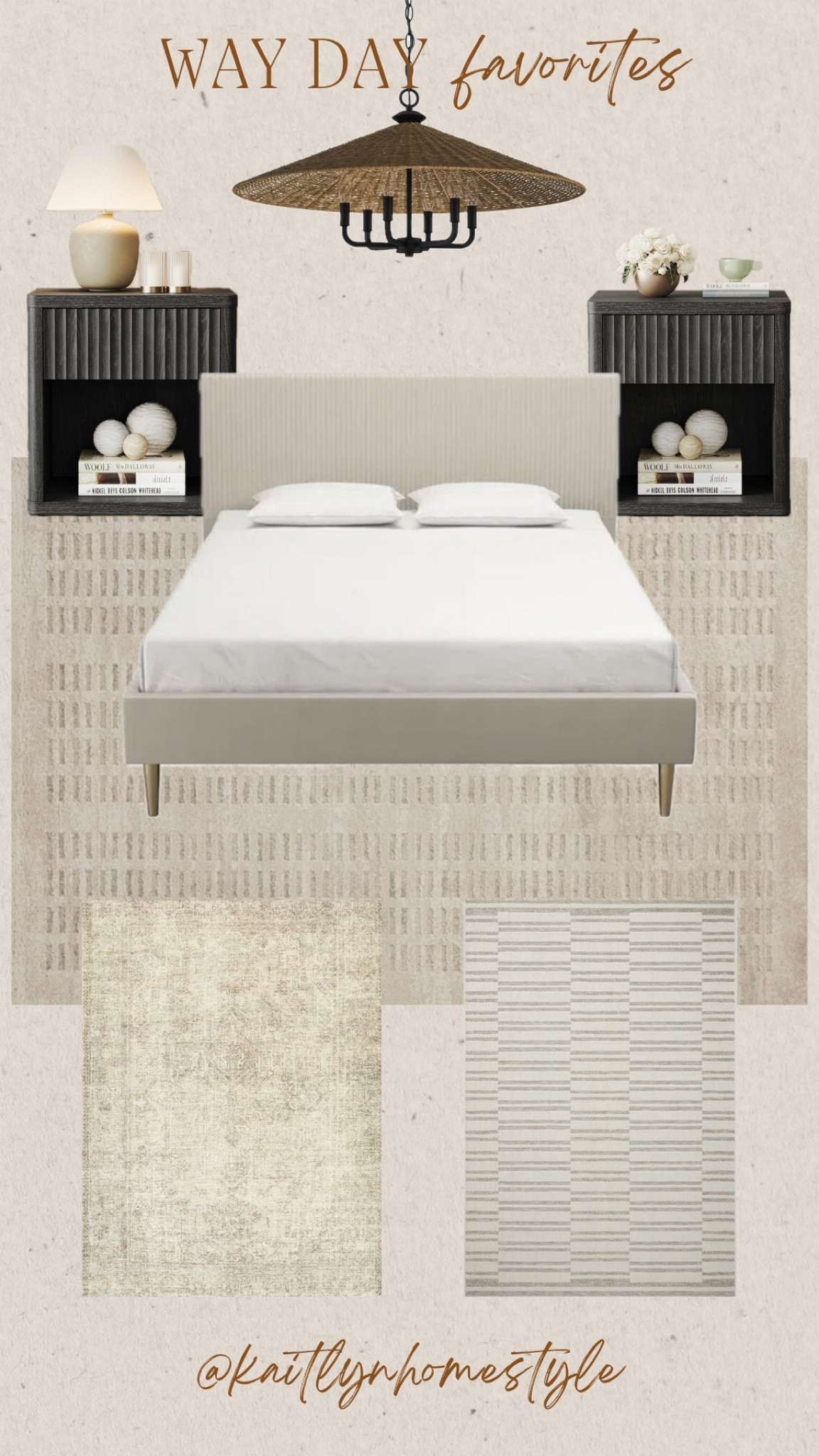 Wayfair sale. Some of my favorite affordable home items are on sale. Bedroom mood board. Queen size bed, area rug, nightstands, table lamps, pendant light  

#LTKHome #LTKSaleAlert #LTKU