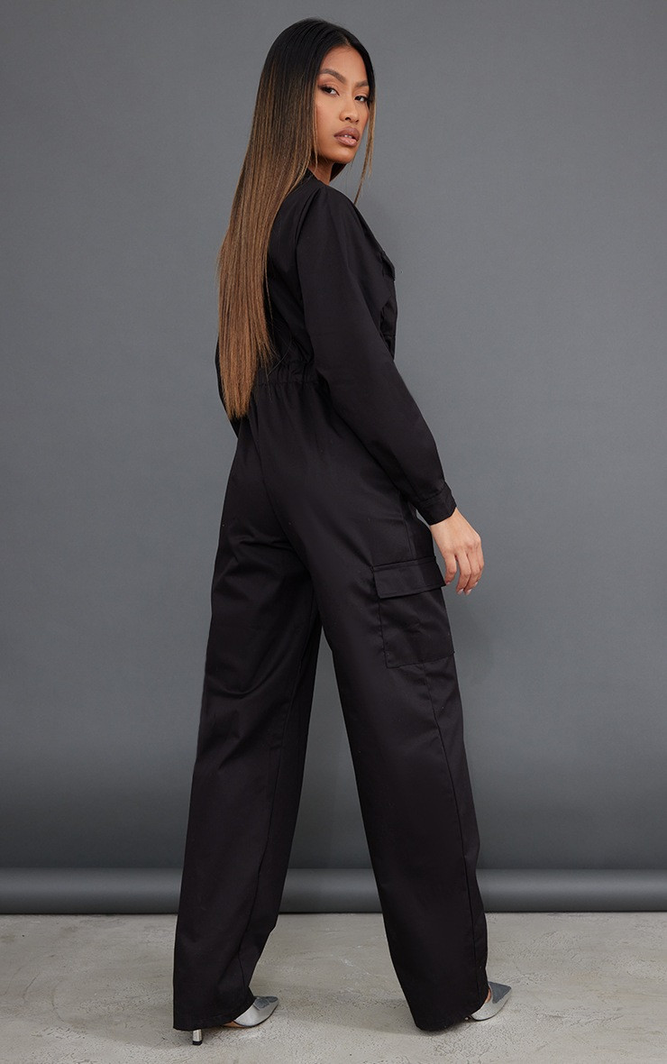 Black Zip Front Long Sleeve Cargo Jumpsuit | PrettyLittleThing US