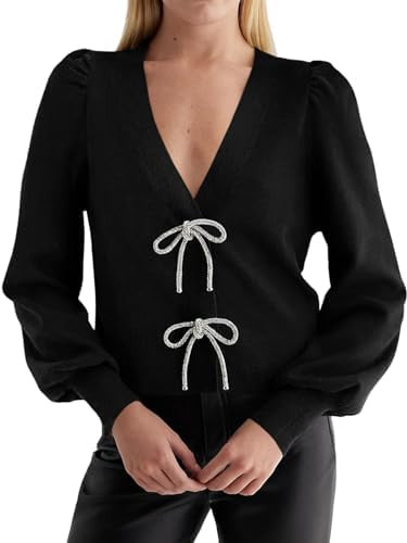 Saodimallsu Womens Bow Button Front Cardigan Sweaters V Neck Cropped Knit Sweater | Amazon (US)