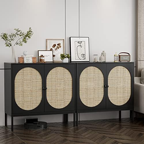 IKIFLY Set of 2 Accent Storage Cabinet with Handmade Natural Rattan Doors - Rattan Sideboard Buffet  | Amazon (US)