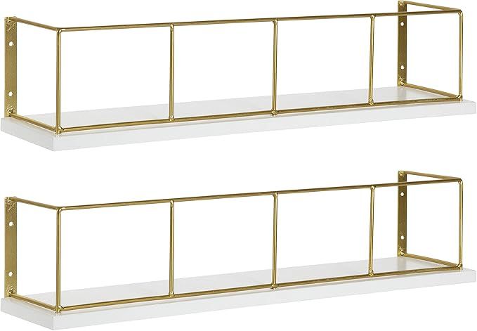 Kate and Laurel Benbrook 18-inch 2-Pack Wood and Metal Floating Wall Shelves, White and Gold | Amazon (US)