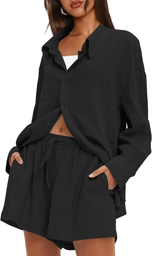 Darong Women's Summer 2 Piece Outfit Sets Long Sleeve Button Down Shirts Matching Short Sets Beac... | Amazon (US)