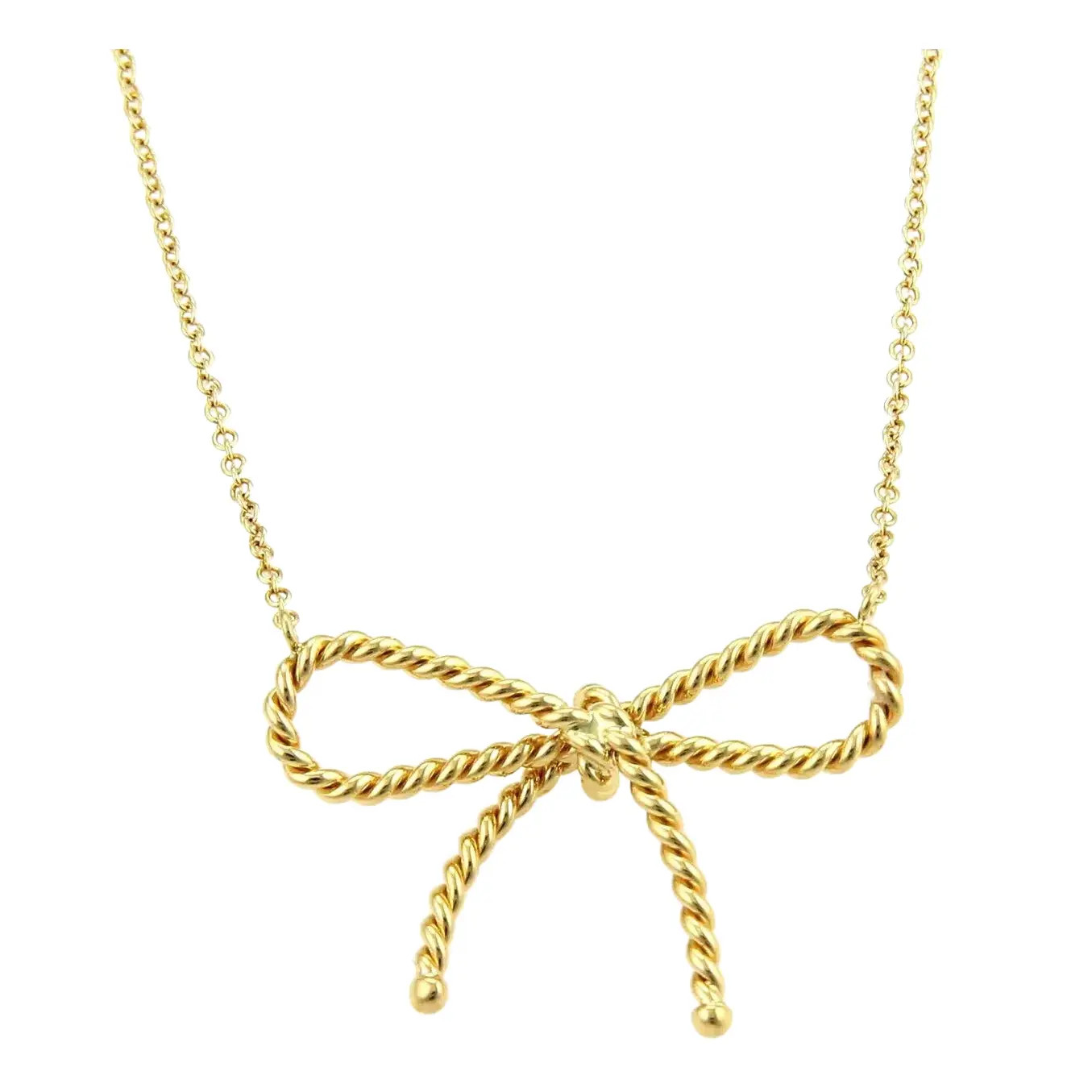 Late 20th Century Tiffany & Co. Twisted Cable Wire 18k Yellow Gold Bow Pendant Necklace | Chairish