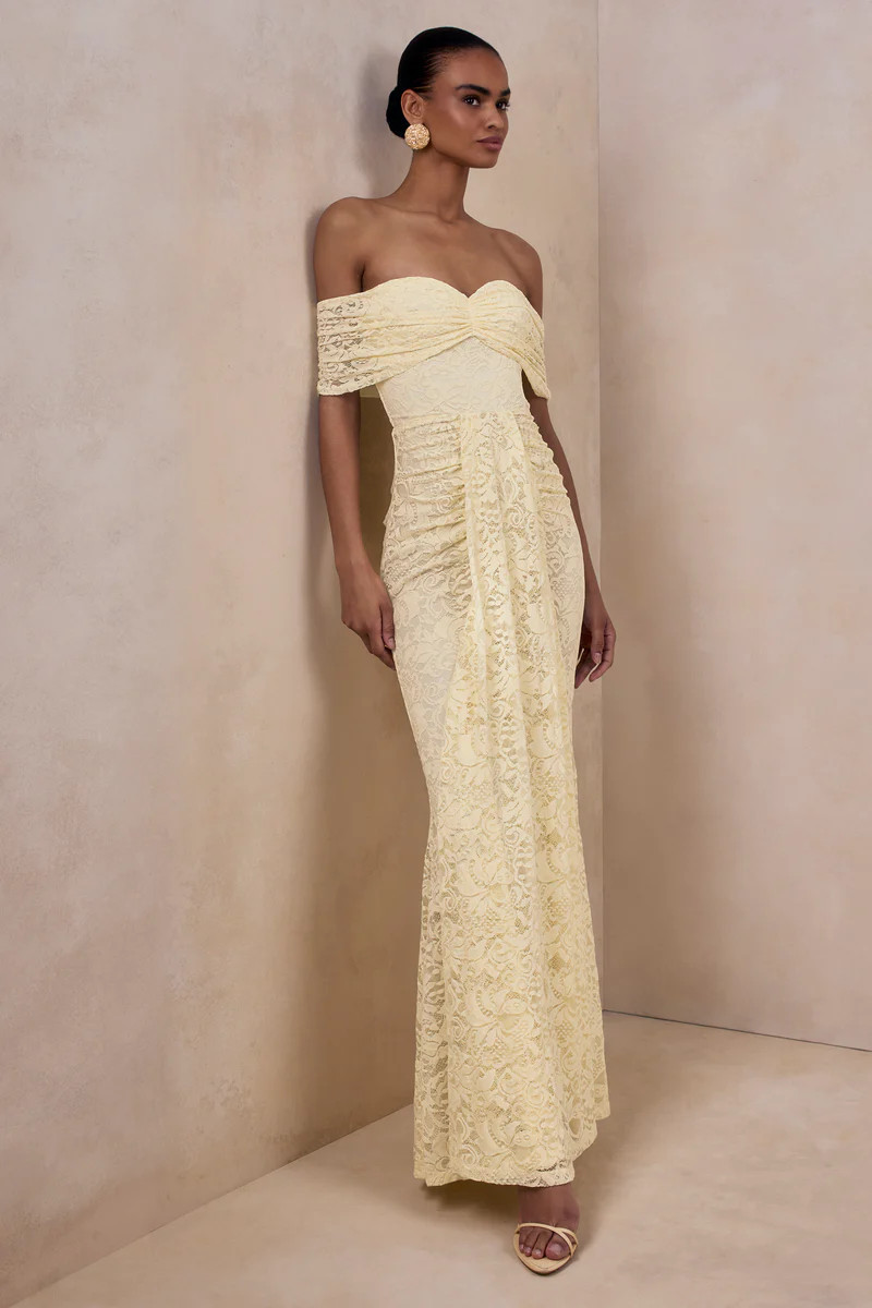 Aries  Lemon Lace Bardot-Neck Maxi Dress With Gathered Detailing | Club L London