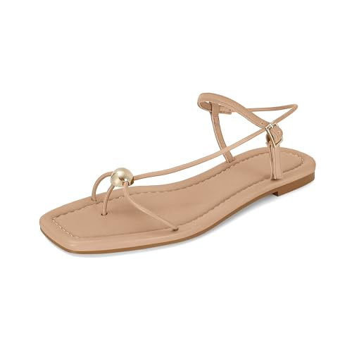XBKXMK Tan Strappy Flat Sandals for Women Comfortable Dressy Summer Beach Thong Sandals Flip Flop Slide Sandal Size 8.5 | Amazon (US)