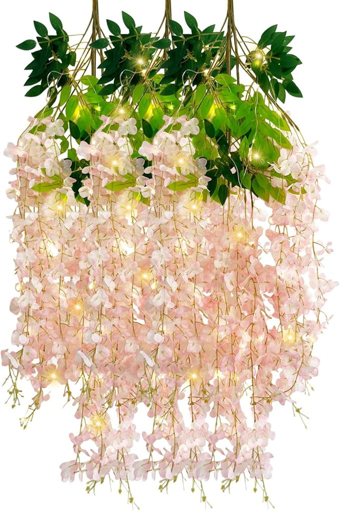 12 Pack Light Pink Wisteria Hanging Flowers Garland with Lights, 3.44 Feet Artificial Flower Vine... | Amazon (US)