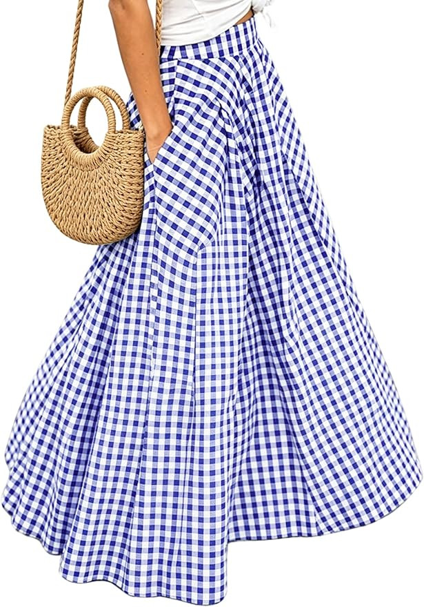 Women's Plaid Gingham Maxi Skirt with Pockets High Waist A Line Pleated Flared Gingham Summer Swi... | Amazon (US)