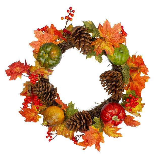 Northlight Leaves, Pine Cones and Pumpkins Artificial Fall Harvest Wreath - 20-Inch, Unlit | Target