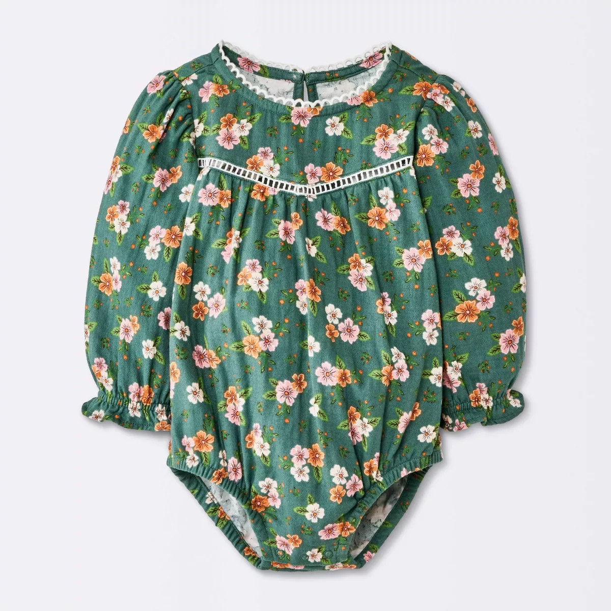 Baby Girls' Long Sleeve Floral Trim Romper - Cloud Island™ Green 18M | Target