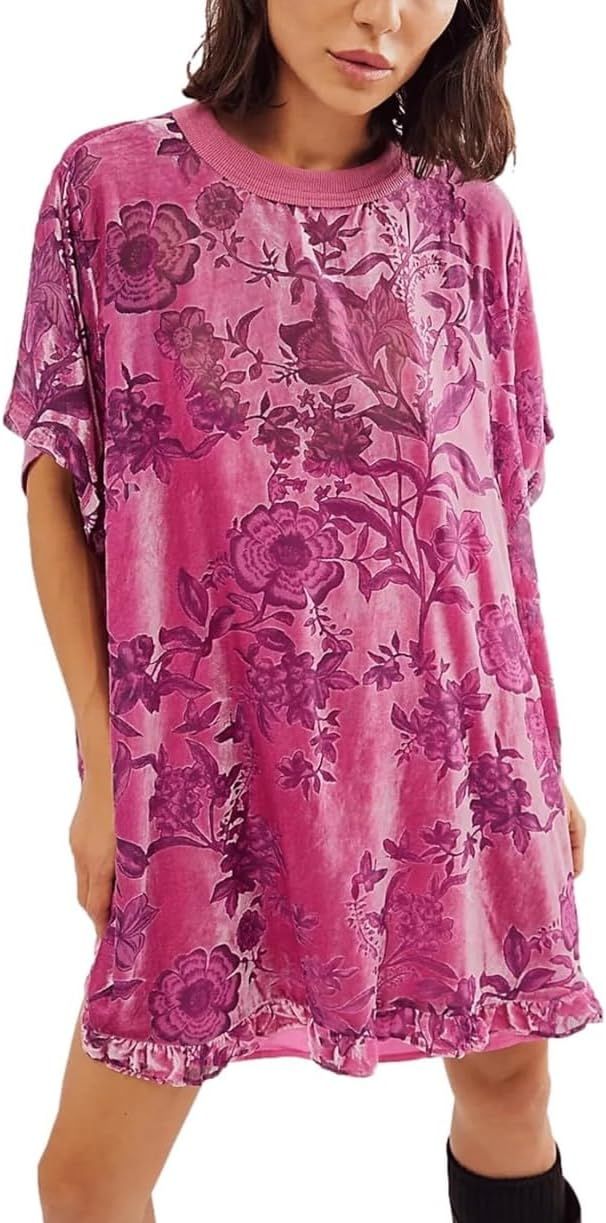Women's Summer Vintage Velvet Dress Floral Printed Mini Flowy Dress Round Neck Short Sleeve Dress | Amazon (US)