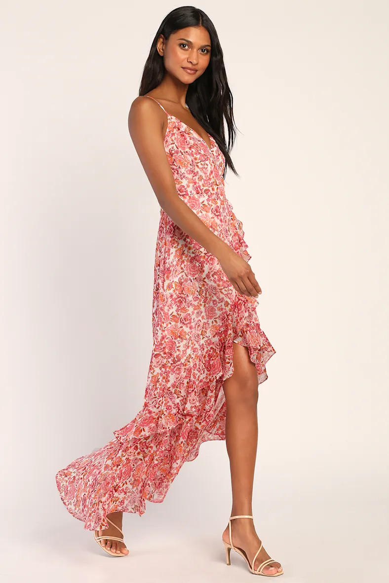 Always Enchanting Pink Floral Metallic Ruffled High-Low Dress | Lulus