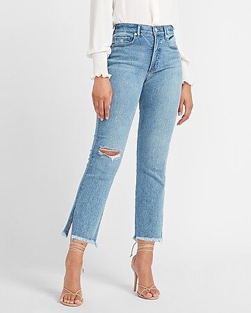 High Waisted Denim Perfect Frayed Cropped Flare Jeans | Express