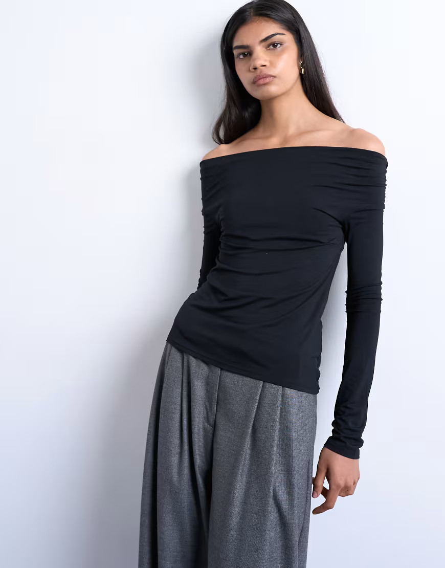 Topshop long sleeve off the shoulder top in black | ASOS (Global)
