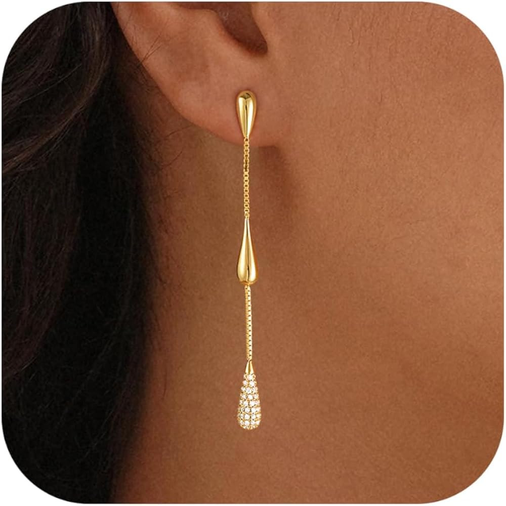 Dangle Earrings for Women Trendy, 14K Gold Plated CZ Huggie Drop Earrings, Dainty Long Chain Prom... | Amazon (US)
