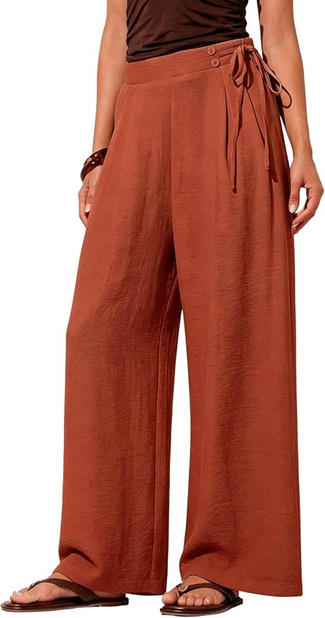Majdan Women's Linen Blend Wide Leg Pants Summer Palazzo Pants Flowy Beach Trousers with Pockets | Amazon (US)