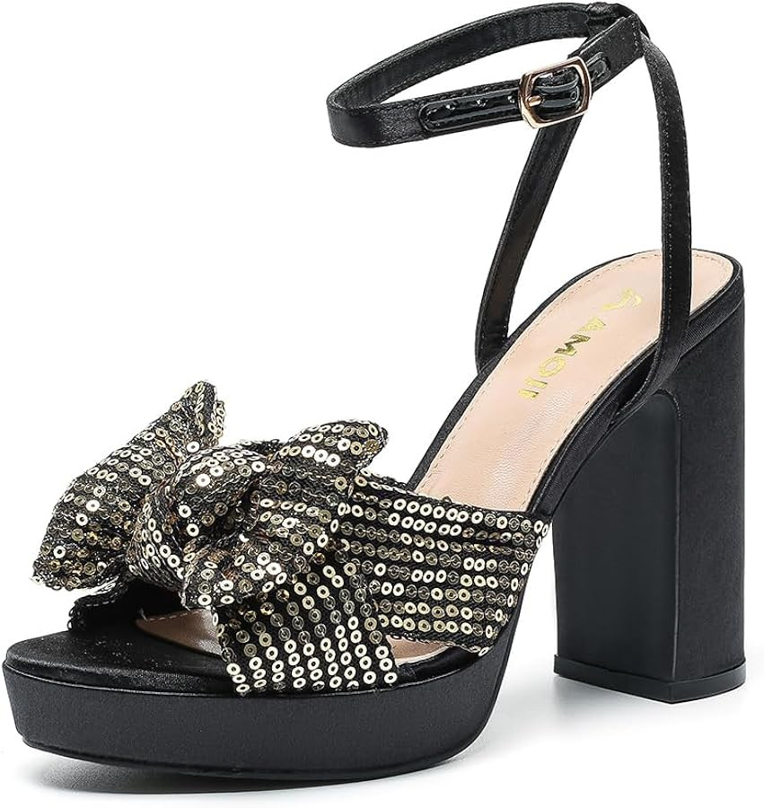 Amoji Women's 4 Inch Block Sequin Platform Heels Bowknot Ankle Strap Heeled Sandal Wedding F4304 | Amazon (US)