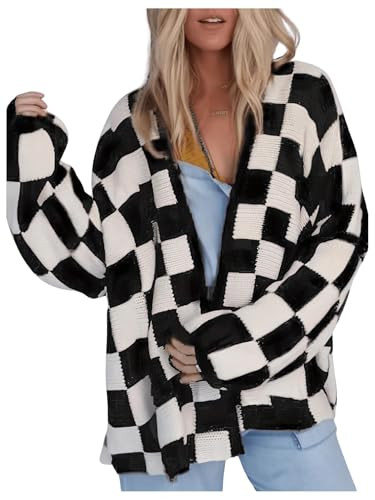 SOLY HUX Women's Long Sleeve Oversized Sweater Checkered Cardigan Open Front Outerwear Tops Black and White Medium | Amazon (US)