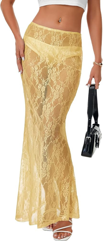 Women's Lace A Line Sheer Maxi Skirt High Waist Summer Sexy Beach Skirts | Amazon (US)