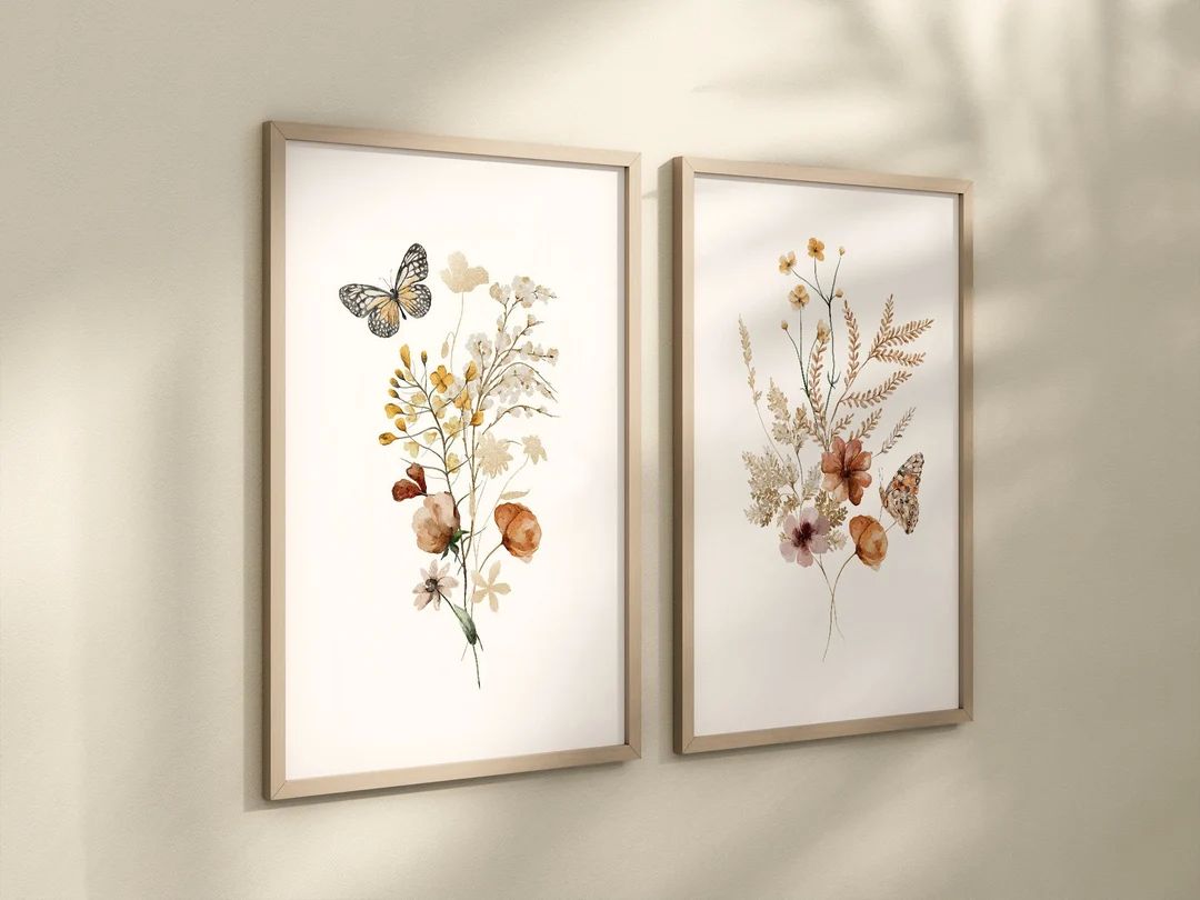 Set of 2 Boho Wildflowers Floral Art Prints, Minimalist Wall Art, Meadows, Bloom Bouquet, Nursery... | Etsy (US)