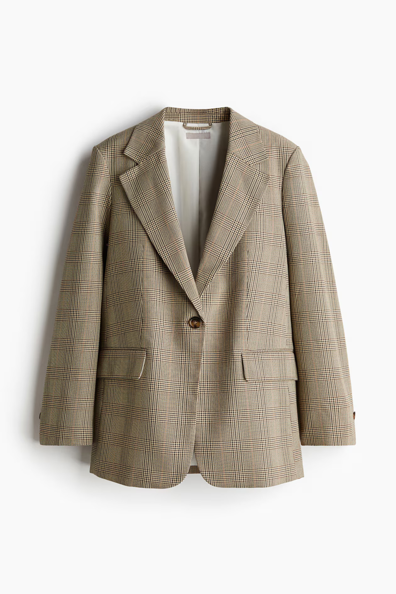 Single-Breasted Blazer - V-neck - Long sleeve - Beige/plaid - Ladies | H&M US | H&M (US + CA)