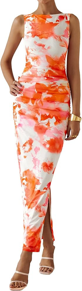 MASCOMODA Womens Bodycon Summer Dresses 2025 Sleeveless Floral Mesh Maxi Dress Side Slit Ruched L... | Amazon (US)