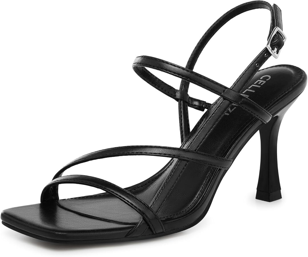 Women Strappy High Heels: Square Open Toe Slingback Sandals, Dressy Sexy Comfortable Kitten Heele... | Amazon (US)