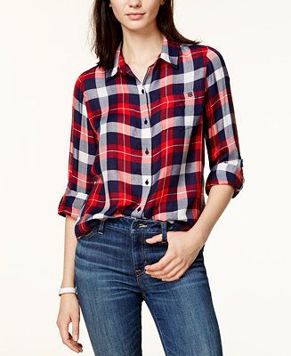 Tommy Hilfiger Plaid Utility Shirt, Created for Macy's & Reviews - Tops - Women - Macy's | Macys (US)