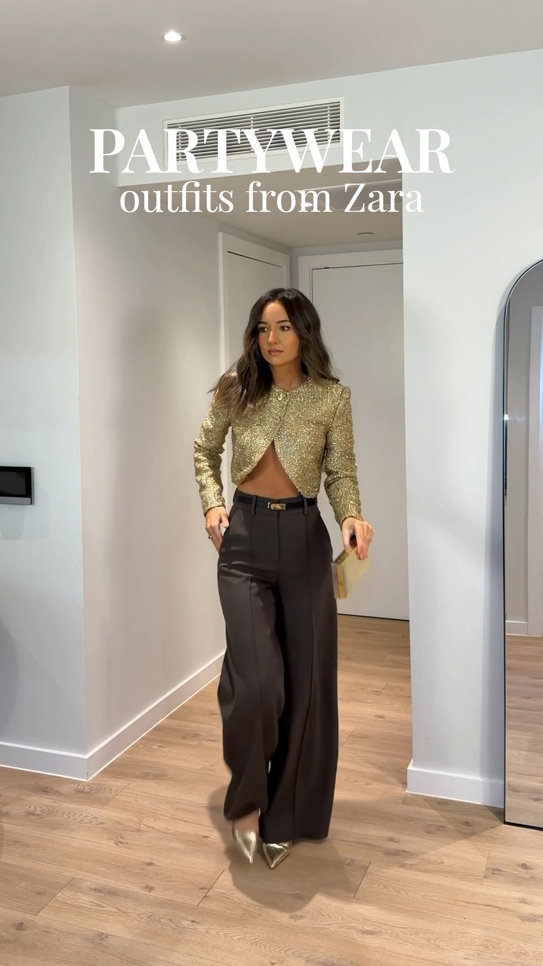 Partywear picks from Zara ✨ 
Yes the first trousers are the EXACT same ones I’ve linked! It’s just the lighting! 

I wear XS in all bottoms.
Gold jacket is XS (but runs small) 
Shirt is size S (runs large)
Brown cardigan is S (runs small)