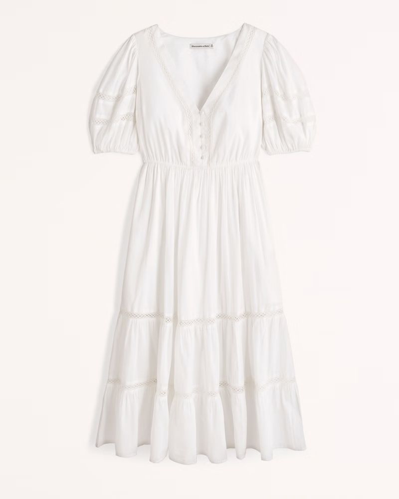 Sheer Puff Sleeve Button-Through Midi Dress | Abercrombie & Fitch (US)