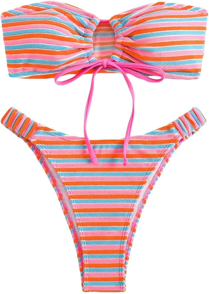 Women's Striped Printed Bandeau Bathing Suit High Waisted Swimsuit Bikini Set | Amazon (US)