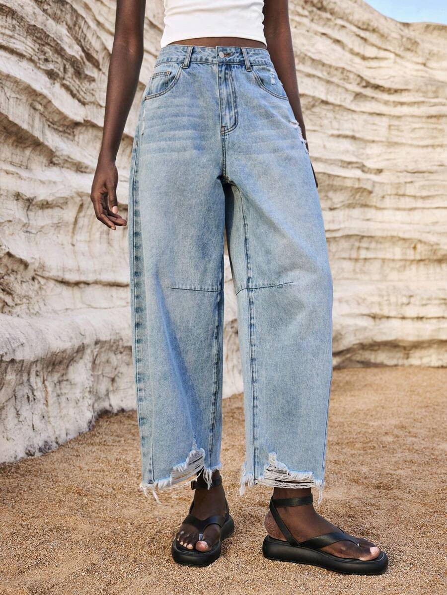 Maija Women's Light Blue Jeans Low Waist Banana Pants Summer Casual Streetwear, Going Out Vacation, Autumn For Women Back-To-School | SHEIN