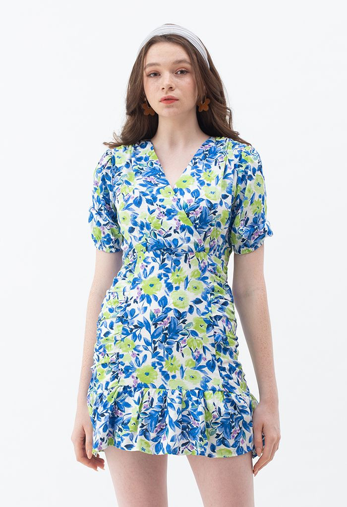 Flower Painting Padded Shoulder Mini Dress in Blue | Chicwish