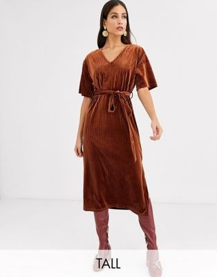 Glamorous Tall midi dress with tie waist in velvet rib | ASOS US