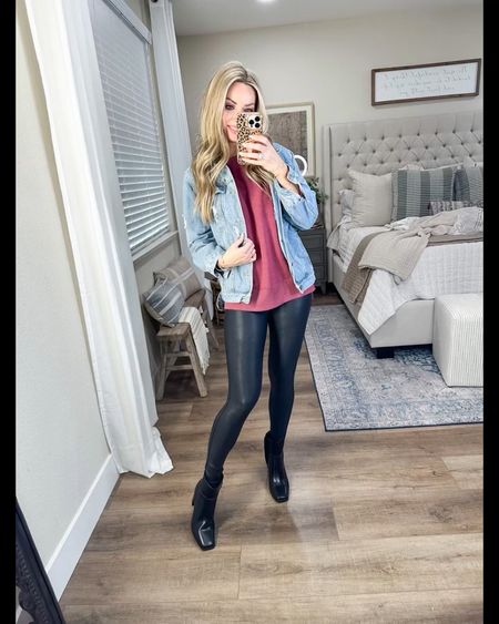 Aerie dupe sweater on sale for $10 I sized up to medium 
Denim jacket is a Nordstrom dupe from Amazon I got size small

Spanx faux leather leggings I size up to medium also linking the Amazon dupe size up in those too

#LTKunder50 #LTKsalealert #LTKstyletip