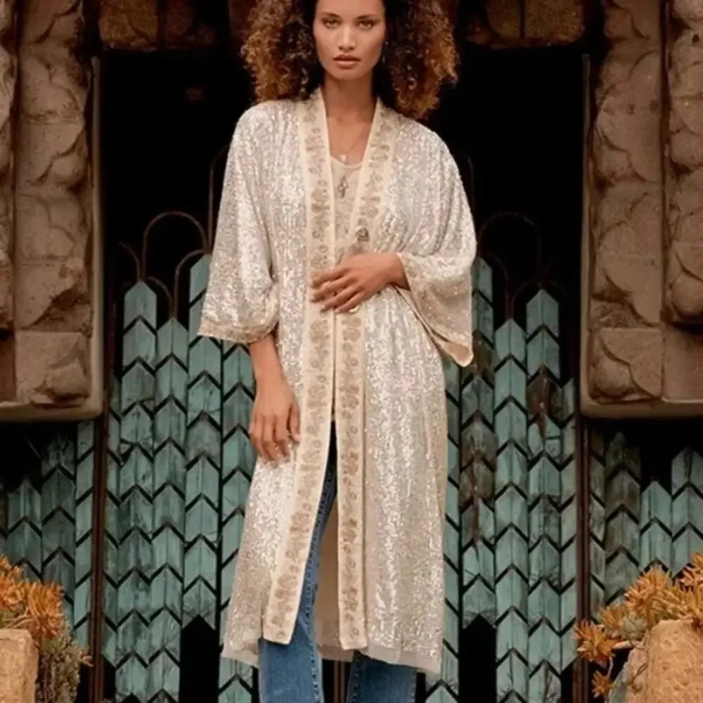 NEW Johnny Was Grace Sequin Kimono Embroidered Maxi Cardigan Silver Size: Small | Poshmark