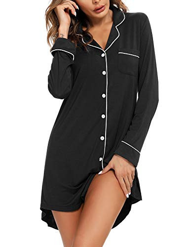 Long Sleeve Nightgown Button Down Sleepshirt Boyfriend Style Sleepwear for Women Black Small | Amazon (US)