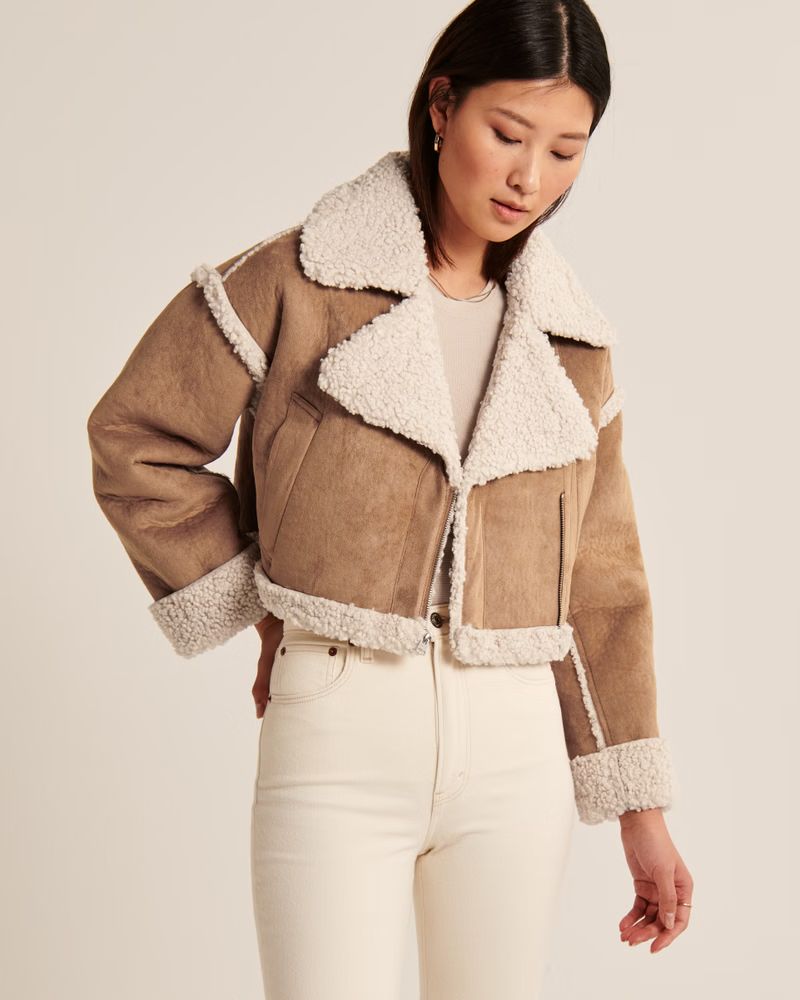 Cropped Faux Suede Sherpa-Lined Coat | Abercrombie & Fitch (US)