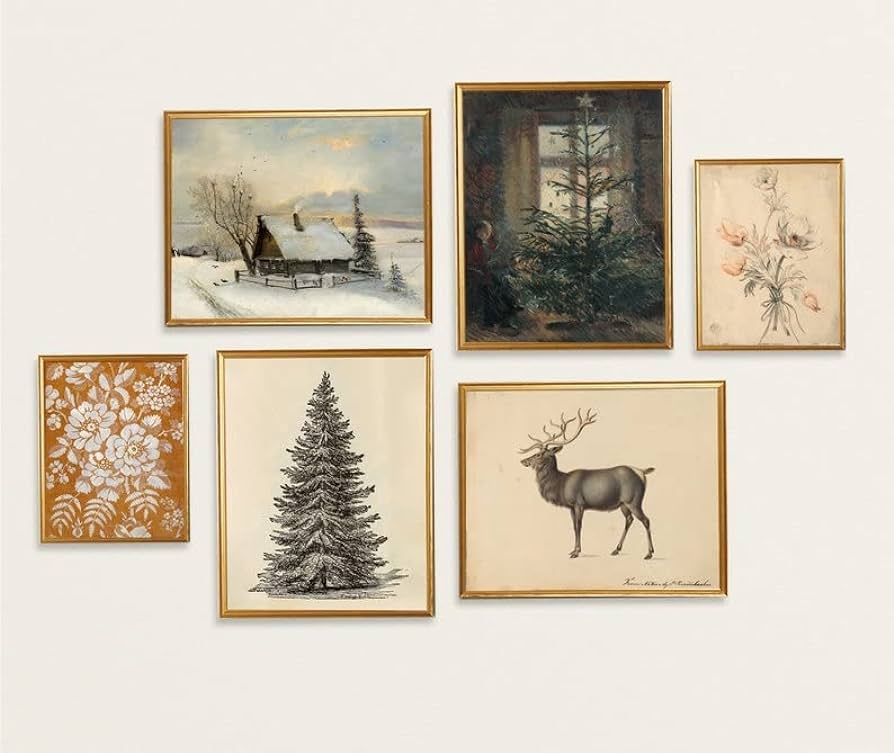 Set 6 Vintage Art Prints, Christmas Wall Decor Large, Country Wall Art, Winter Prints Vintage Art... | Amazon (US)